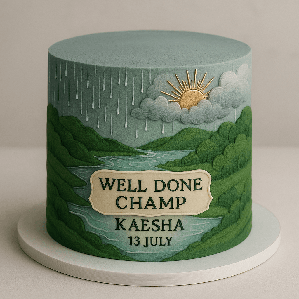 A cake for the 13 year old Girl "Kaesha" she born on July Use the rain influence also she lives in Rishikesh India which is very natural greenery place with holi water of Ganga Make a cake with the above description and consider the influence of weather, Rishikesh, Ganga and Age