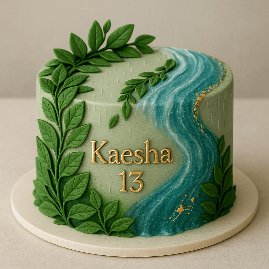 A cake for the 13 year old Girl "Kaesha" she born on July Use the rain influence also she lives in Rishikesh India which is very natural greenery place with holi water of Ganga Make a cake with the above description and consider the influence of weather, Rishikesh, Ganga and Age