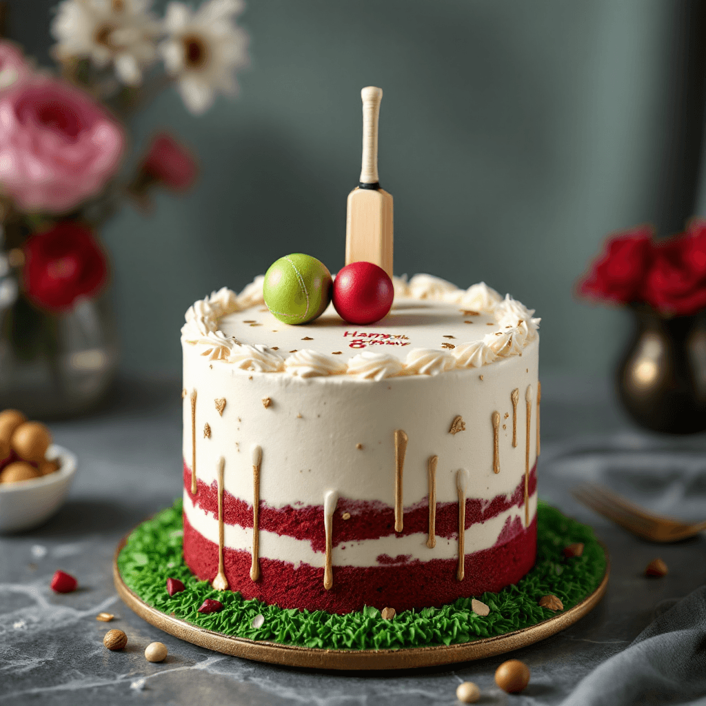 A birthday cake for Aarav turning 8, cricket theme, with a mini fondant cricket bat and ball on top and a green pitch-textured base." — cake message: "Happy 8th Aarav