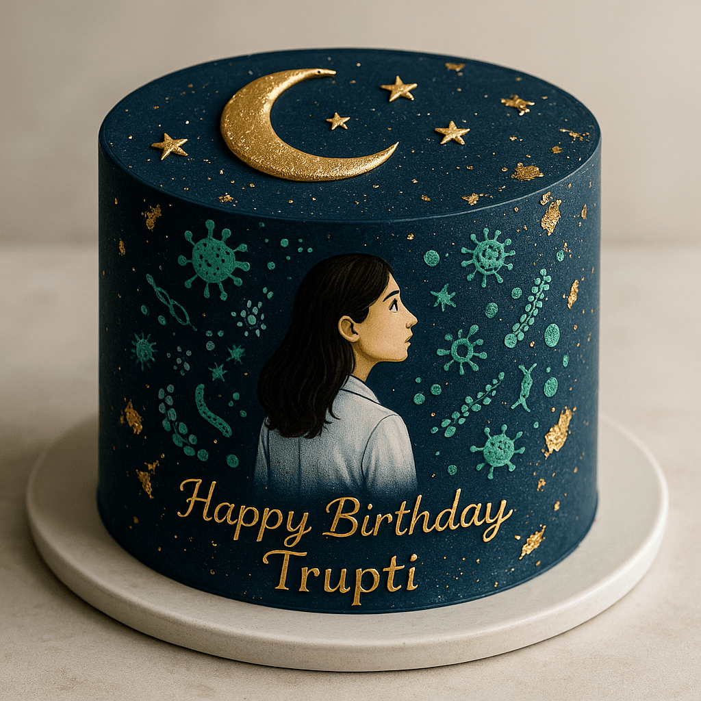 0.5 kg cake, midnight-blue and mysterious theme, delicate gold crescent moon and stars, microbiology and science arts, a girl wearing lab coat, looking at moon and wondarding. Cake should give universe and mysterious, that person is very intelligent, brilliant, curious, her name is Trupti