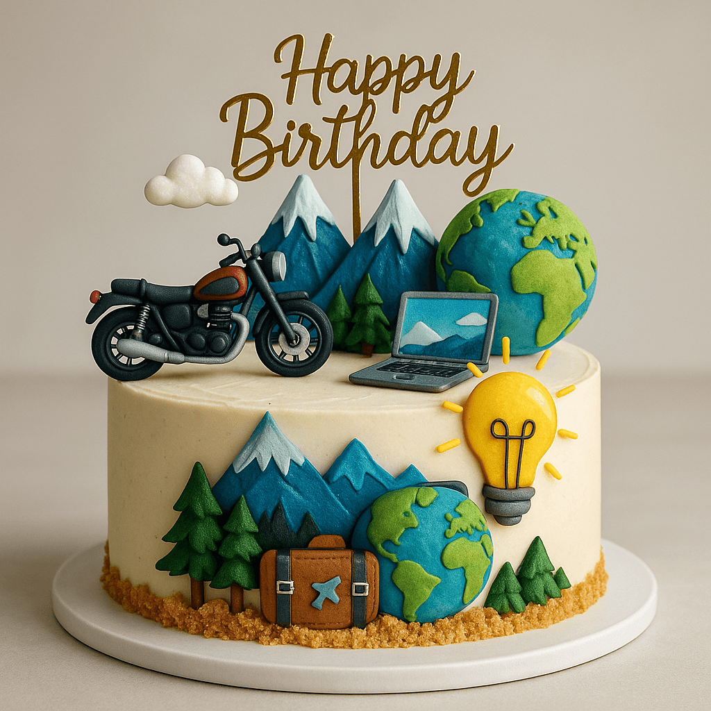 Create a cake that represents a person's entire personality in one design. They love adventure, travel, motorcycles, technology, mountains, creativity and big dreams. Turn all of these into one spectacular premium birthday cake. Make the decorations tell a story, with unexpected details that people discover when they l