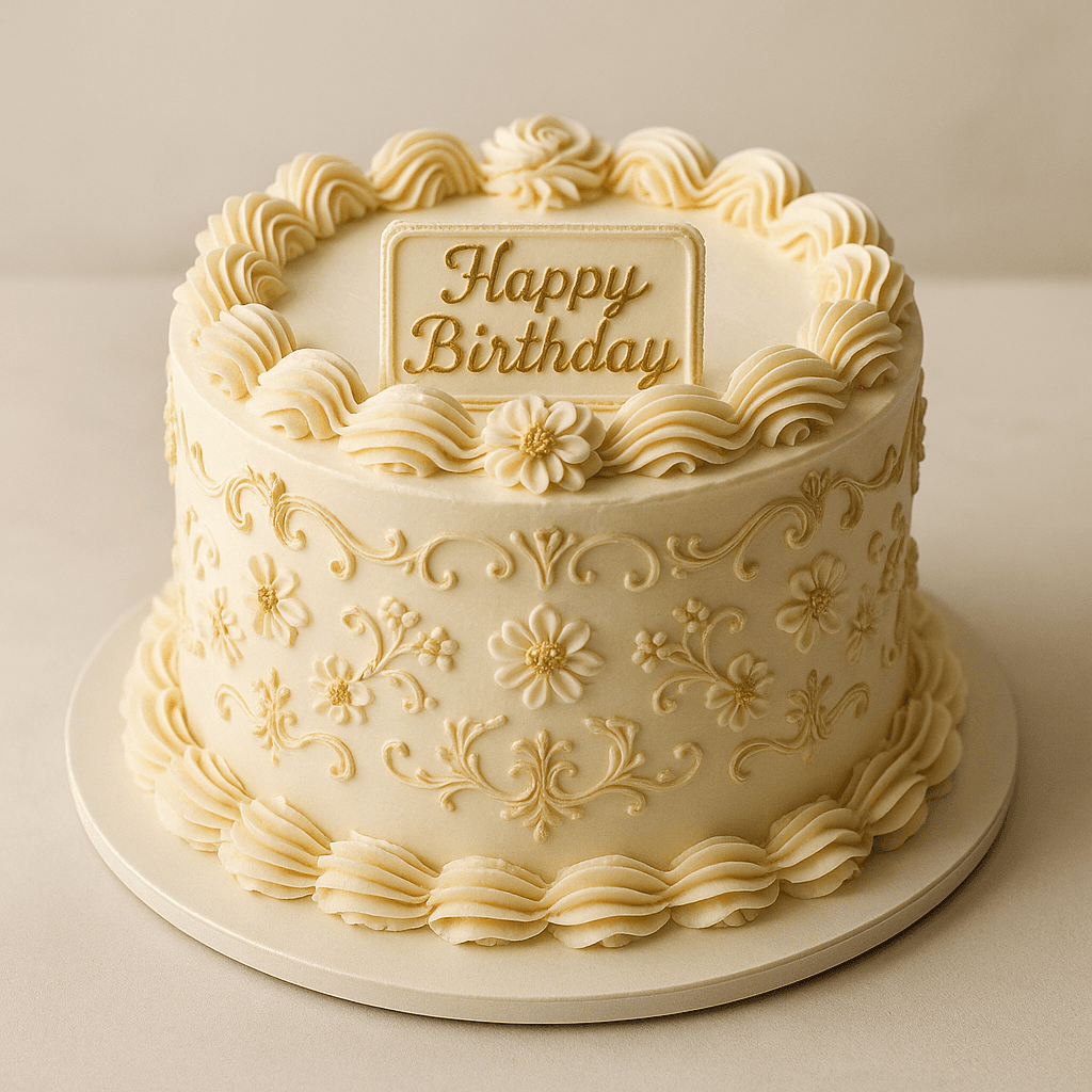 Create an elegant, vintage-style birthday cake in ivory white and soft golden colours. The cake should be a three-layer round cake with a luxurious, romantic design. Cover it with smooth ivory-white frosting and decorate it with intricate vintage piping, including ruffled borders, swirls, and delicate floral patterns.