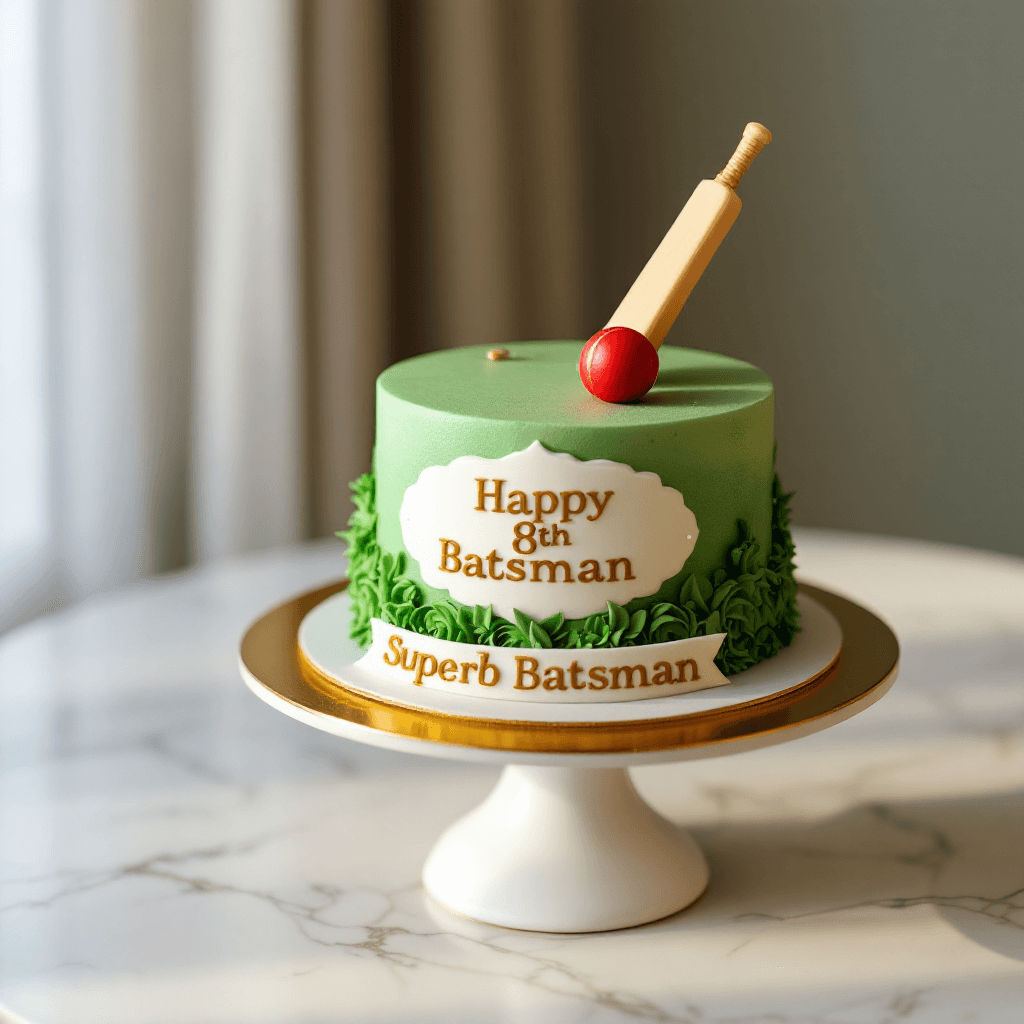 A birthday cake for Aarav turning 8, cricket theme, with a mini fondant cricket bat and ball on top and a green pitch-textured base." — cake message: "Happy 8th Aarav