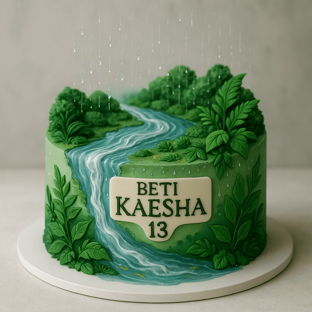 A cake for the 13 year old Girl "Kaesha" she born on July Use the rain influence also she lives in Rishikesh India which is very natural greenery place with holi water of Ganga Make a cake with the above description and consider the influence of weather, Rishikesh, Ganga and Age